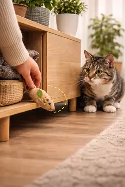 persona escondiendo raton de juguete para gato juego de caza para gatos estimular instinto 
                       cazador felino juegos interactivos en casa