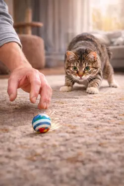 persona jugando con su gato lanzando pelota juego interactivo para gatos estimular instinto 
                       cazador felino en casa