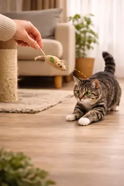 persona jugando con su gato usando raton de juguete juego interactivo para gatos estimular 
                       instinto cazador felino en casa