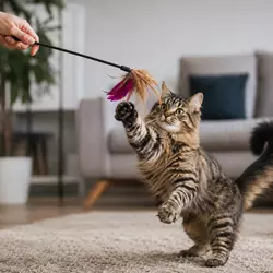 Gato doméstico jugando con un juguete de varita de plumas interactiva