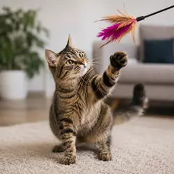 Gato jugando en casa con un juguete interactivo de varita de plumas