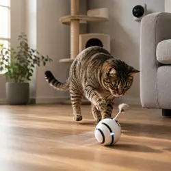 Gato jugando con juguete automático interactivo en casa, ideal para reducir 
                          aburrimiento y entretener gatos solos durante horas.