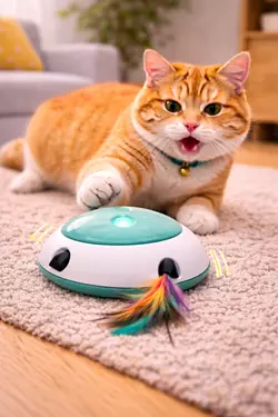 gato jugando con juguete automatico interactivo plumas movimiento juego para gatos estimulación 
                       mental ejercicio felino en casa