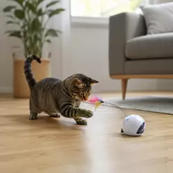 Gato doméstico jugando con juguetes automáticos interactivos para gatos, 
                          ideales para reducir ansiedad, evitar estrés y estimular mascotas que 
                          pasan muchas horas solas en casa.