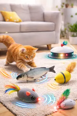 gato jugando con juguetes automaticos interactivos raton pez pelotas estimulación mental felina 
                       ejercicio y diversión en casa