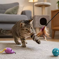 Gato doméstico jugando con juguetes interactivos para gatos