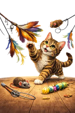 gato jugando con juguetes interactivos de caza plumas ratones estimulación mental ejercicio felino en casa