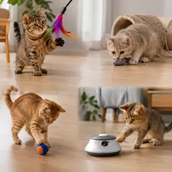 Gato doméstico jugando con diferentes juguetes interactivos en casa, incluyendo 
                          pelota, ratón y juguete automático para estimulación mental y ejercicio felino