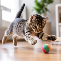 Gato joven jugando con pelotas pequeñas con mucha energía y diversión diaria