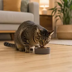 Gato doméstico después de jugar con juguetes interactivos y automáticos, 
                          recibiendo comida o premios para completar su instinto de caza y reducir 
                          estrés en casa.
