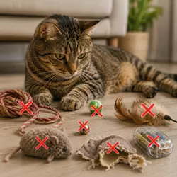 Gato doméstico junto a juguetes peligrosos para el, mostrando errores comunes 
                          que pueden causar accidentes, ansiedad o riesgos durante el juego