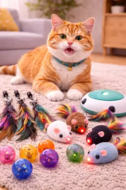 tipos de juguetes de caza para gatos pelotas ratones varitas y juguetes automaticos estimulación 
                       mental felina ejercicio y diversión en casa