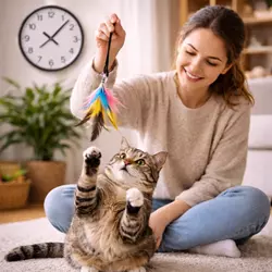 mujer jugando con gato en casa cuanto tiempo jugar con tu gato reloj en pared 
                         juego interactivo gato estimulacion felina ejercicio gato domestico bienestar 
                         mascotas