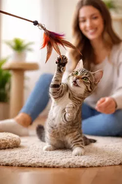 por que es importante jugar con gatos en casa gato jugando con plumas estimulacion 
                         felina ejercicio diario gatos bienestar animal