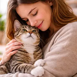 vinculo entre humano y gato cariño con gatos beneficios de jugar con tu gato gato 
                          feliz con su dueña conexion emocional gatos domesticos bienestar felino mascotas