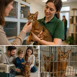 Adopción de gato abisinio en refugio con familia y cuidador, mostrando opción de comprar a 
                       criador responsable o adoptar gato doméstico saludable con garantías y buen temperamento