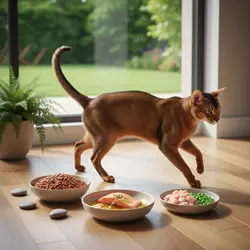 Imagen realista de un gato Abisinio activo junto a comida rica en proteína y grasas saludables. 
                       Representa la alimentación ideal para gatos energéticos, con dietas equilibradas que aportan 
                       fuerza, vitalidad y control del peso en razas muy activas como el Abisinio.