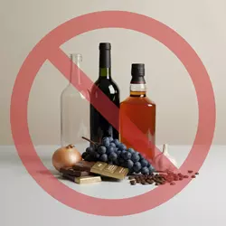 Imagen realista que muestra alimentos prohibidos para gatos, como chocolate, uvas, cebolla y 
                       aguacate, con un gran símbolo de prohibido encima. Ideal para concienciar sobre los alimentos 
                       peligrosos que pueden dañar la salud de los gatos y prevenir intoxicaciones felinas
