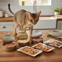 Imagen realista de comida húmeda para gatos Abisinios, presentada en latas y sobres con textura 
                       jugosa y apetecible. Ideal para aportar hidratación natural, mejorar su alimentación diaria y 
                       ofrecer una dieta similar a la natural, rica en sabor y nutrientes esenciales.
