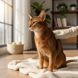 Imagen realista de un gato Abisinio siendo cepillado con un guante o cepillo suave, mostrando su 
                       pelaje corto y brillante. Representa los cuidados del pelo y la higiene del gato Abisinio, 
                       incluyendo el cepillado semanal y la revisión de piel, orejas y encías para mantener su salud y 
                       bienestar.