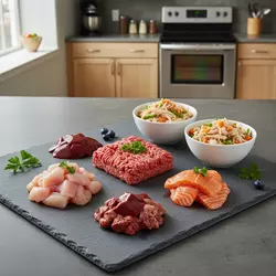 Imagen realista de dieta BARF o alimentación natural para gatos, con carne cruda fresca y verduras 
                       preparadas de forma equilibrada. Representa una opción saludable y casera de comida natural para 
                       gatos, rica en nutrientes y supervisada por veterinarios para mantener su bienestar.