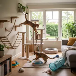 Imagen realista de un gato Abisinio en un hogar con rascadores, juguetes y zonas para trepar. 
                       Representa el entorno ideal para un gato activo y curioso, con espacio para moverse, jugar y 
                       explorar, favoreciendo su bienestar físico y mental en casa o en piso.