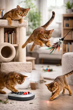 gato abisinio jugando en casa gato activo y jugueton juegos para gatos 
                       estimulacion felina gato abisinio comportamiento activo entretenimiento 
                       gatos domesticos