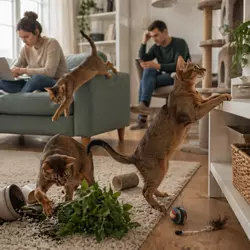 Gato activo jugando y trepando en casa desordenada con juguetes, planta caída y rascador, 
                          mostrando comportamiento curioso, necesidad de estimulación diaria y entorno seguro para 
                          gatos domésticos energéticos