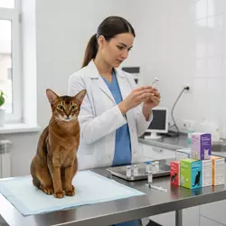 Imagen realista de un gato Abisinio en una clínica veterinaria durante su control de vacunas y 
                          desparasitación. Representa la importancia de mantener al gato protegido con vacunas básicas, 
                          refuerzos y tratamientos antiparasitarios para prevenir enfermedades y asegurar su buena salud 
                          y bienestar.