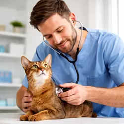 Imagen de veterinario con gato abisinio
