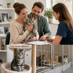 pareja adoptando un gato americano de pelo corto en refugio de animales 
                       mientras una trabajadora gestiona la adopción, ejemplo de adopción 
                       responsable de gatos domésticos