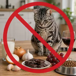 gato americano de pelo corto junto a alimentos tóxicos para gatos como leche, 
                       chocolate, uvas, cebolla y ajo en una cocina doméstica, ejemplo de comida 
                       prohibida para gatos