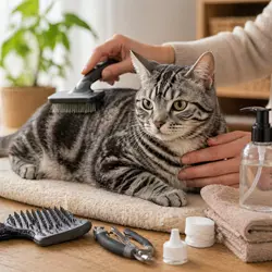 gato americano de pelo corto siendo cepillado con cepillo suave en casa, cuidado 
                       del pelaje e higiene del gato doméstico para eliminar pelo muerto y mantener el 
                       brillo natural