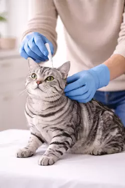 Desparasitación de gato American Shorthair gris con pipeta, tratamiento antiparasitario para gatos 
                       domésticos, cuidado de salud felina y prevención de pulgas y garrapatas en mascotas