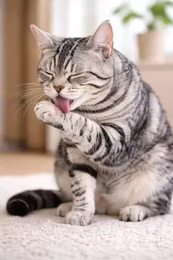 Gato American Shorthair gris acicalándose y lamiendo su pata, higiene y limpieza natural de gatos 
                       domésticos, comportamiento felino saludable y cuidado del pelaje en mascotas