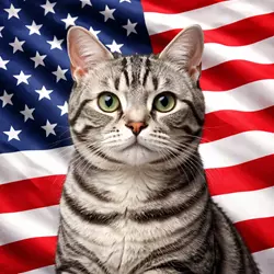 Gato American Shorthair gris con ojos verdes frente a bandera de Estados Unidos, imagen 
                       llamativa de gato doméstico con fondo patriótico americano ideal para amantes de 
                       mascotas y cultura USA