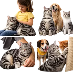 Gato American Shorthair gris conviviendo con perros y niños, gato doméstico sociable y 
                       familiar, imágenes tiernas de mascotas amigables ideales para familias y amantes de 
                       animales