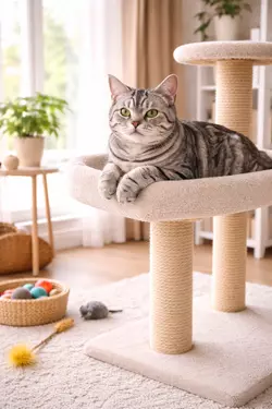 Gato American Shorthair gris descansando en árbol rascador para gatos, entorno ideal para 
                      gatos domésticos en casa, accesorios para gatos que mejoran su bienestar y entretenimiento