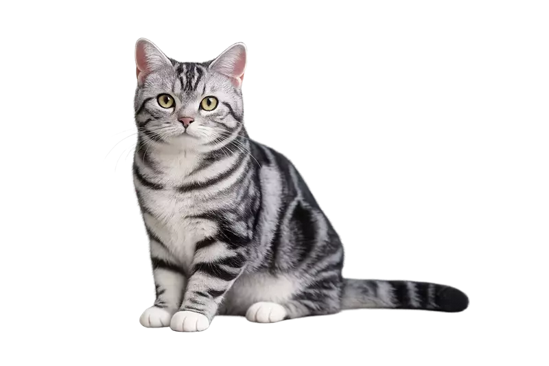Gato American Shorthair gris con rayas negras sentado, retrato claro de gato doméstico de 
                 pelo corto, raza popular y tranquila