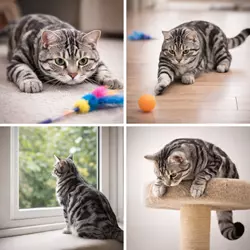 Gato American Shorthair gris rayado jugando en casa con juguetes, comportamiento activo 
                       de gato doméstico de pelo corto, imágenes tiernas y divertidas ideales para amantes de 
                       gatos y cuidado de mascotas
