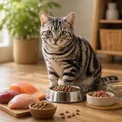 gato americano de pelo corto comiendo pienso seco premium rico en proteína 
                          animal, alimentación saludable para gatos domésticos con dieta carnívora de 
                          alta calidad