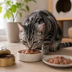 gato americano de pelo corto comiendo comida húmeda para gatos en lata, dieta 
                          rica en proteína que mejora la hidratación y ayuda a prevenir problemas 
                          urinarios