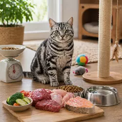 gato americano de pelo corto con dieta BARF y comida natural para gatos, 
                          alimentación rica en proteína animal con control de raciones para evitar 
                          sobrepeso