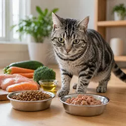 gato americano de pelo corto frente a comida natural para gatos con carne, pescado
                       y alimento húmedo en cocina doméstica, ejemplo de dieta natural o barf supervisada
                       para gatos domésticos