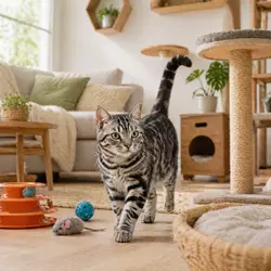 gato americano de pelo corto caminando en un salón con rascador, juguetes y cama 
                       para gatos, entorno ideal para gatos domésticos con estimulación y zonas de 
                       descanso