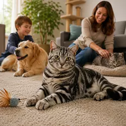 gato americano de pelo corto relajado en salón con familia, niño y perro conviviendo 
                       en casa, gato doméstico sociable y tranquilo ideal como mascota familiar