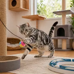 gato americano de pelo corto jugando con pelota en casa junto a rascadores y 
                       juguetes, gato doméstico activo que necesita estimulación mental y ejercicio 
                       diario