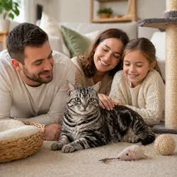 gato americano de pelo corto tranquilo con familia en casa, gato doméstico 
                          cariñoso ideal como mascota familiar para niños, parejas o personas que 
                          buscan un gato equilibrado