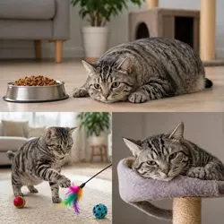 gato americano de pelo corto en casa mostrando comportamiento sedentario y juego 
                          con juguetes, ejemplo de gato doméstico que necesita ejercicio y estimulación 
                          para evitar sobrepeso
