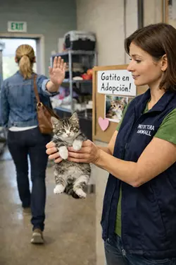 Mujer rechazando adopción de gato en refugio de animales, gatito esperando hogar sin ser elegido, 
                      escena emotiva sobre adopción responsable de mascotas y abandono animal